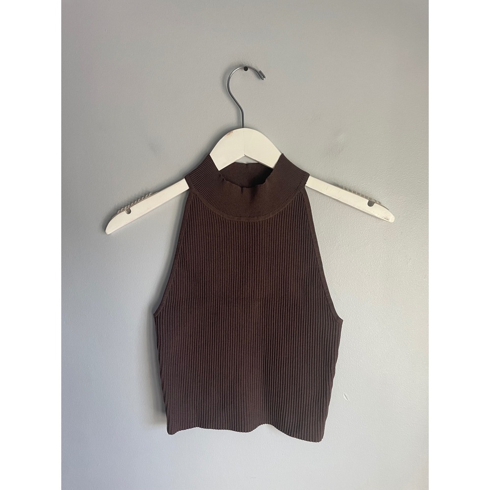 Babaton Sculpt Knit High Neck Top Brown Ribbed Cropped Tank XS 81886